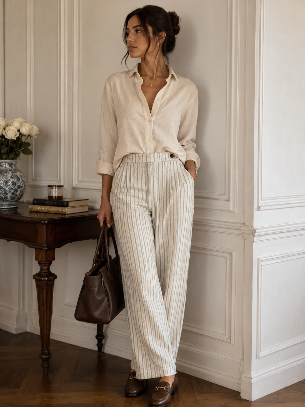 Gunex Neiman Marcus Cream Wide-Leg Pinstripe Pants